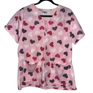 Heart Pattern Pink Zip Scrub Top L White Label Stretch